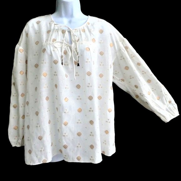 Joie Tops - Joie Blouse Metallic Gold Lurex Split Ties Charms Porcelain Nadija Keyhole
